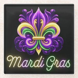 Colourful Neon Mardi Gras Fleur de lis Glass Coaster