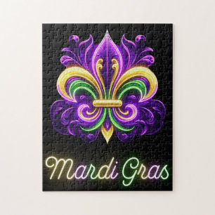 Colourful Neon Mardi Gras Fleur de lis Jigsaw Puzzle