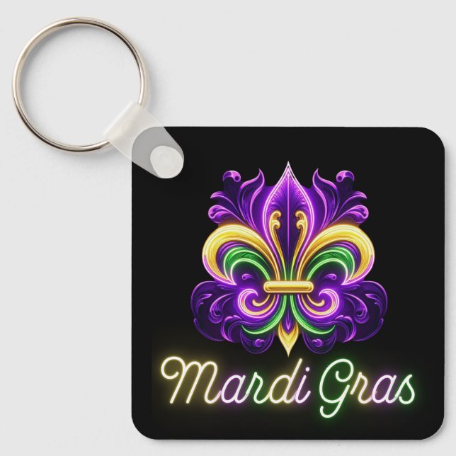 Colourful Neon Mardi Gras Fleur de lis Key Ring (Front)