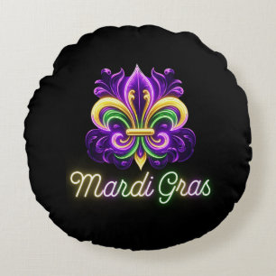 Colourful Neon Mardi Gras Fleur de lis Round Cushion