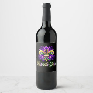 Colourful Neon Mardi Gras Fleur de lis Wine Label