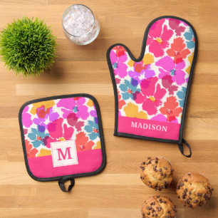 Colourful Neon Modern Flower Pattern Oven Mitt & Pot Holder Set