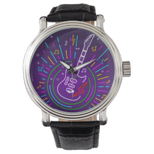 Colourful Neon Music Background With Guitar Watch