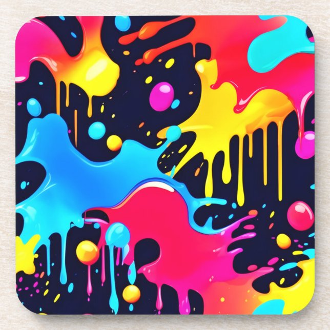 Colourful Neon Paint Splatter Art Coaster (Front)