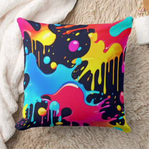 Colourful Neon Paint Splatter Art Cushion