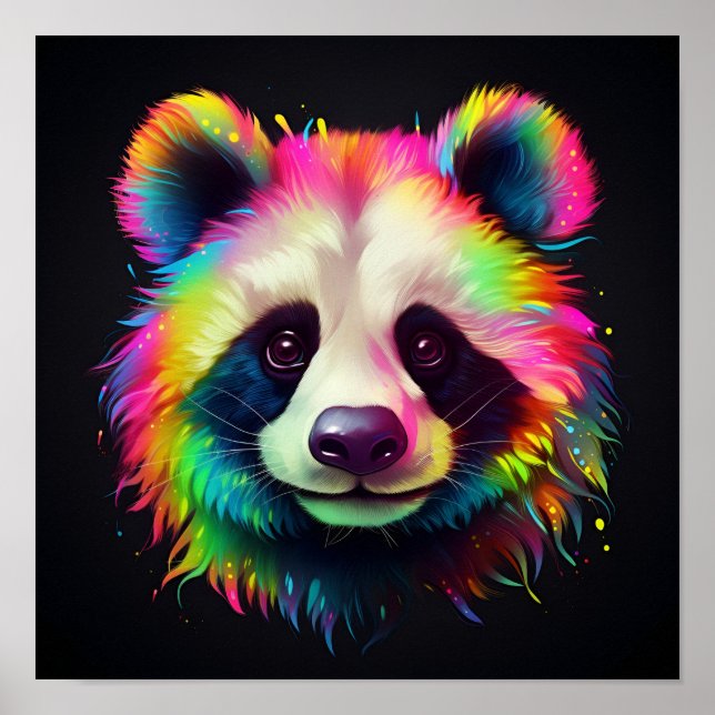 colourful neon panda bear digital art print, poster (Front)