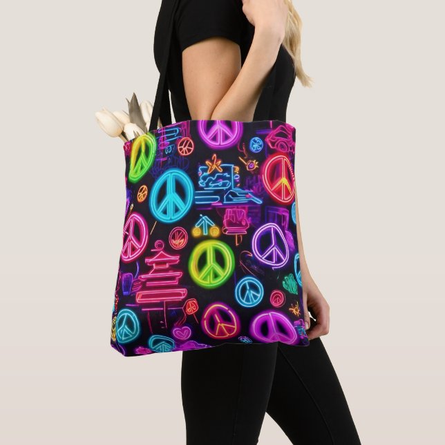 Colourful Neon Peace Pattern Tote Bag (Close Up)