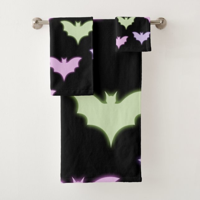 Colourful Neon Pink Purple Green Bats Halloween  Bath Towel Set (Insitu)
