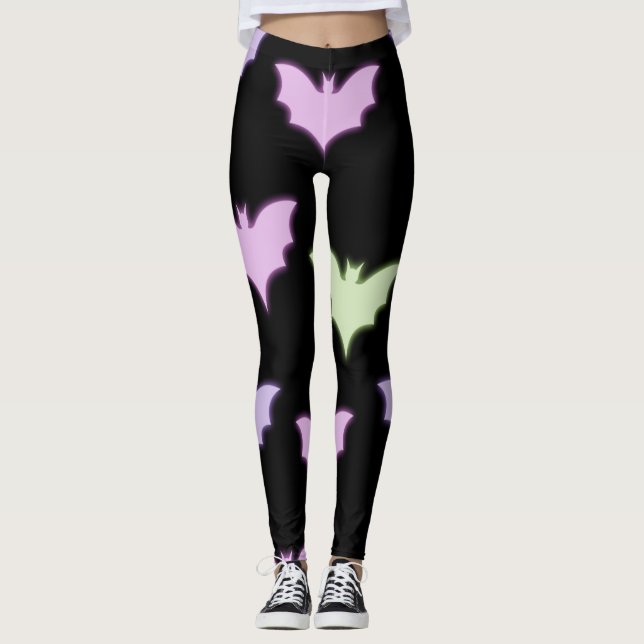 Colourful Neon Pink Purple Green Bats Halloween    Leggings (Front)