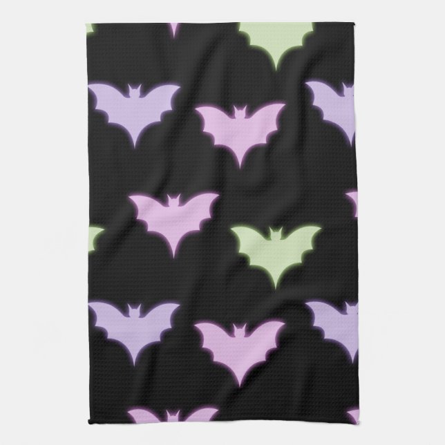 Colourful Neon Pink Purple Green  Bats Halloween   Tea Towel (Vertical)
