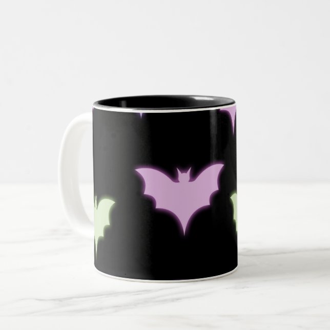 Colourful Neon Pink Purple Green Bats Halloween  Two-Tone Coffee Mug (Front Left)