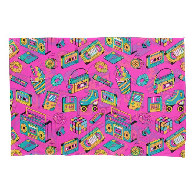 Colourful Neon Pink Retro 80s 90s Fun Tech Pattern Pillowcase (Front)