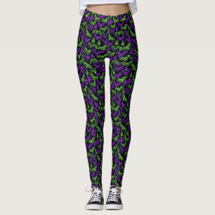 Colourful Neon Purple Green Bats Halloween Leggings