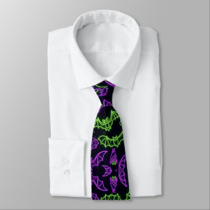 Colourful Neon Purple Green Bats Halloween Tie