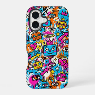Colourful Neon Robot Pattern iPhone 16 case