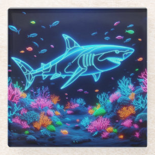 Colourful neon shark  glass coaster