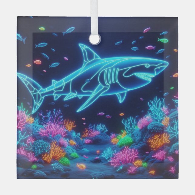 Colourful neon shark  glass tree decoration (Front)