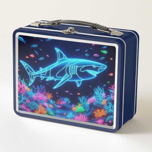 Colourful neon shark  metal lunch box (Front)
