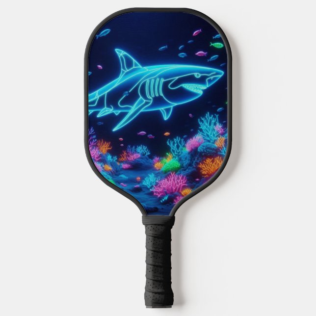 Colourful neon shark  pickleball paddle (Front)