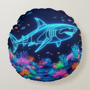 Colourful neon shark  round cushion