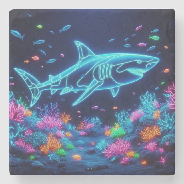 Colourful neon shark  stone coaster (Front)