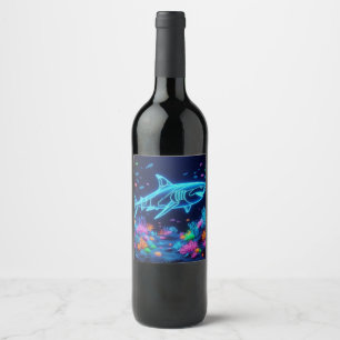 Colourful neon shark  wine label