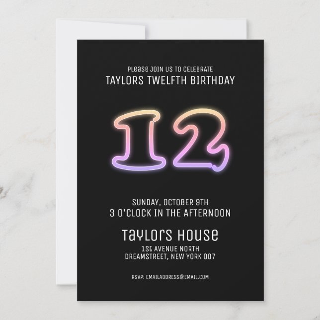 Colourful Neon Sign 12th Trendy Birthday Party Invitation (Front)