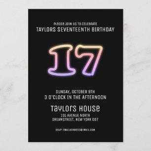 Colourful Neon Sign 17th Trendy Birthday Party Invitation