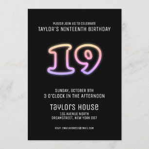 Colourful Neon Sign 19th Trendy Birthday Party Invitation