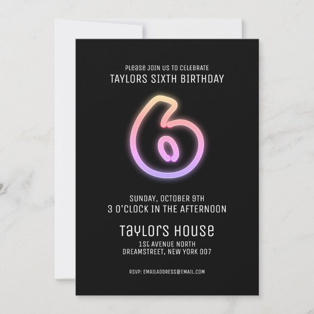 Colourful Neon Sign 6TH Trendy Birthday Party Invitation (Front)