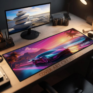 Colourful Neon Sportscar Sunset Desk Mat