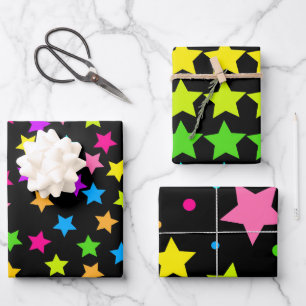 Colourful Neon Stars on Black Wrapping Paper Sheet