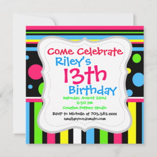 Colourful Neon Stripes Polka Dots Pink Blue Green Invitation