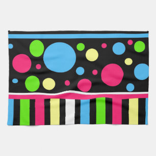 Colourful Neon Stripes Polka Dots Pink Blue Green Tea Towel
