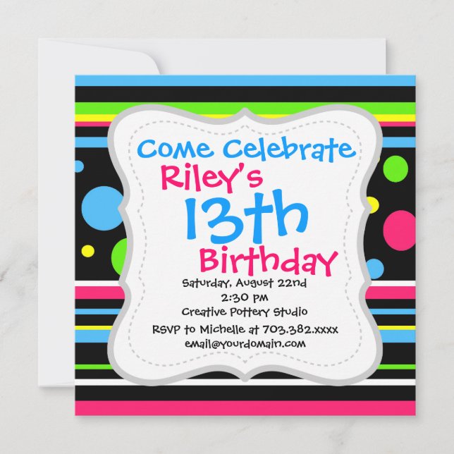 Colourful Neon Stripes Polka Dots Pink Teal Lime Invitation (Front)