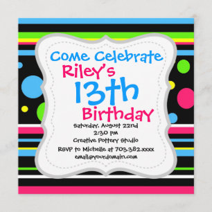 Colourful Neon Stripes Polka Dots Pink Teal Lime Invitation