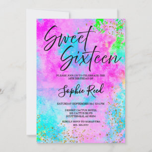 Colourful Neon Watercolor Sweet Sixteen Party Invitation