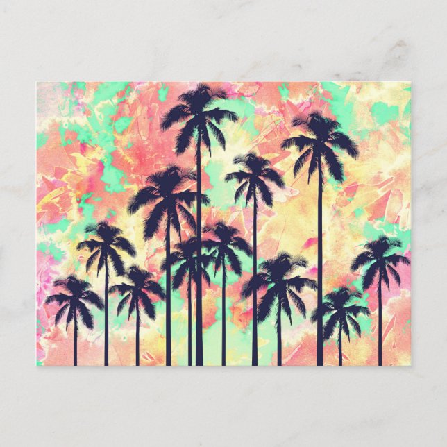 Colourful Neon Watercolor with Black Palm Trees Postcard (Front)