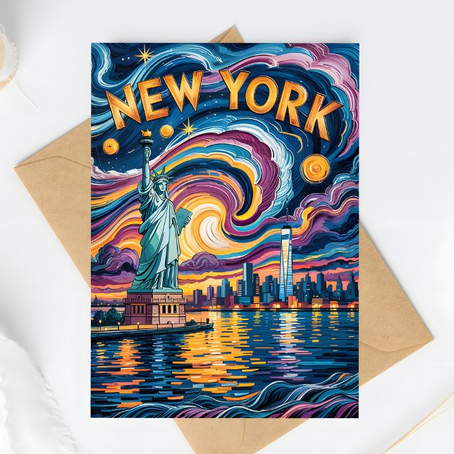 Colourful New York Skyline Retro Liberty Van Gogh Postcard (Creator Uploaded)