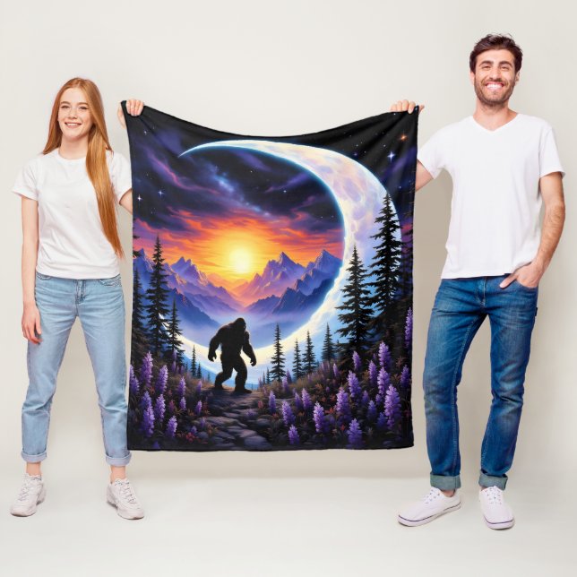 Colourful night sky Sasquatch Stroll, crescent moo Fleece Blanket (In Situ)
