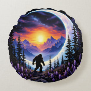 Colourful night sky Sasquatch Stroll, crescent moo Round Cushion