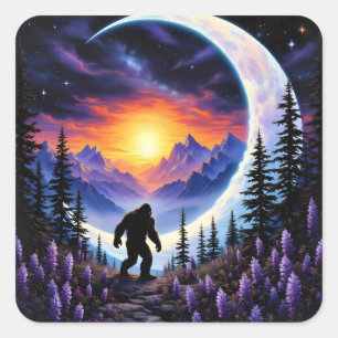 Colourful night sky Sasquatch Stroll, crescent moo Square Sticker
