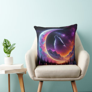Colourful night sky Wolf howl crescent moon Cushion