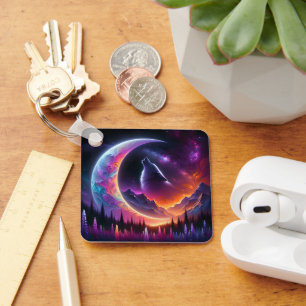 Colourful night sky Wolf howl crescent moon Key Ring