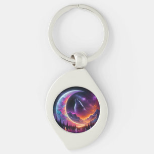 Colourful night sky Wolf howl crescent moon Key Ring