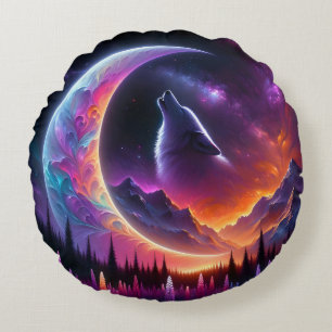 Colourful night sky Wolf howl crescent moon Round Cushion