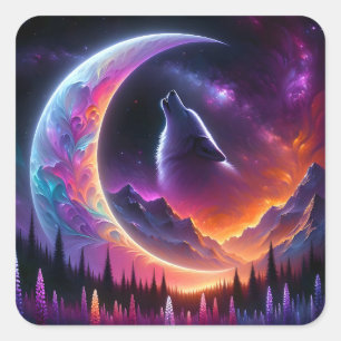 Colourful night sky Wolf howl crescent moon Square Sticker