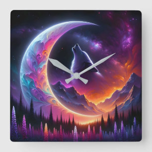 Colourful night sky Wolf howl crescent moon Square Wall Clock