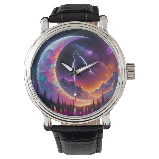 Colourful night sky Wolf howl crescent moon Watch (Front)