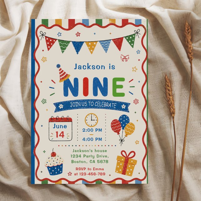Colourful NINE 9th Birthday Party Invitation (Creator Uploaded)